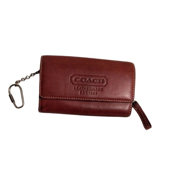 Coach Vtg Burgundy Leather Leatherware Small Bifold Wallet on Keychain - Picture 1 of 7